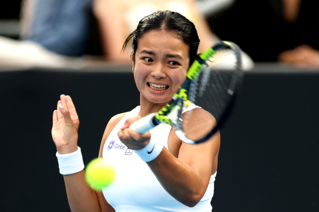 Alexandra Eala of the Philippines plays a return against Donna Vekic of Croatia during day 2 of the 2025 ASB Classic at ASB Tennis Centre on January 06, 2026 in Auckland, New Zealand.