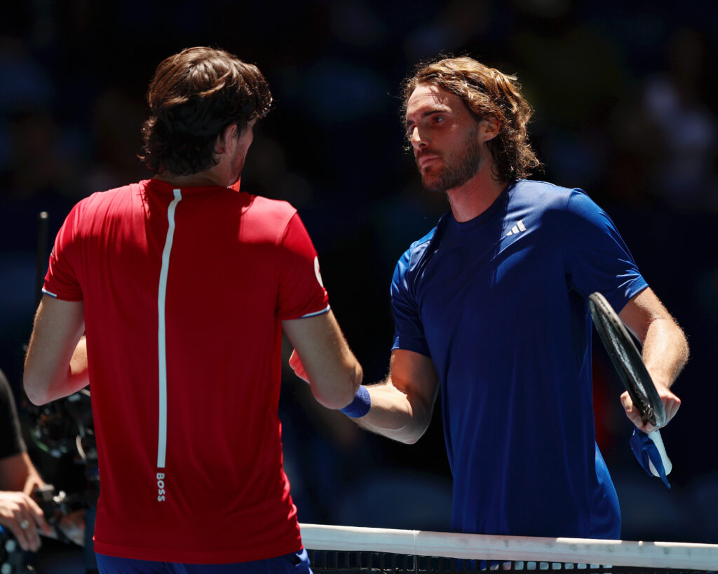 Stefanos Tsitsipas of Team Greece shakes hands in the Men's singles Quarter Final match against Taylor Fritz of Team USA during Day 6 of the United Cup at RAC Arena on January 07, 2026 in Perth, Australia.