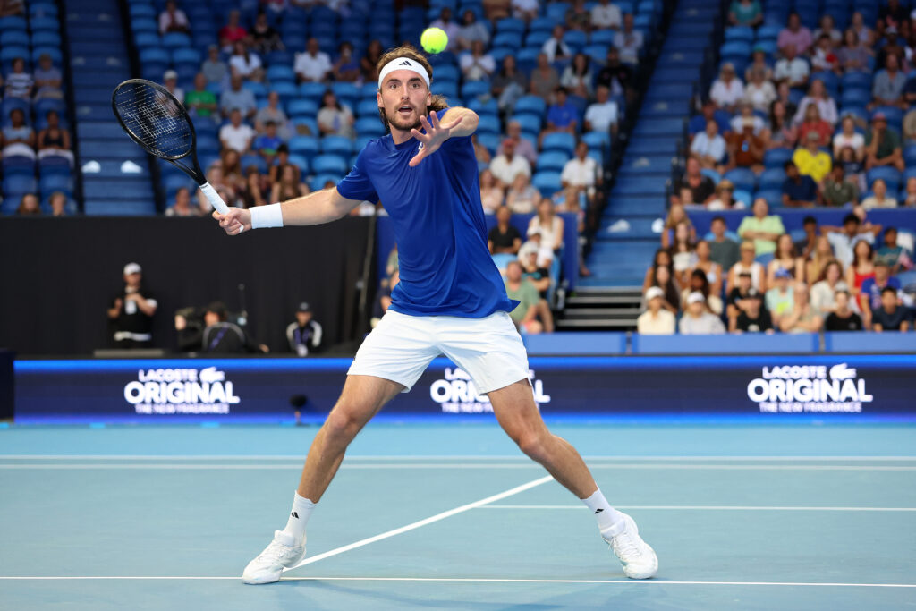 Stefanos Tsitsipas of Team Greece plays a forehand in the mixed doubles Quarter Final match against Coco Gauff & Christian Harrison of Team USA during Day 6 of the United Cup at RAC Arena on January 07, 2026 in Perth, Australia.