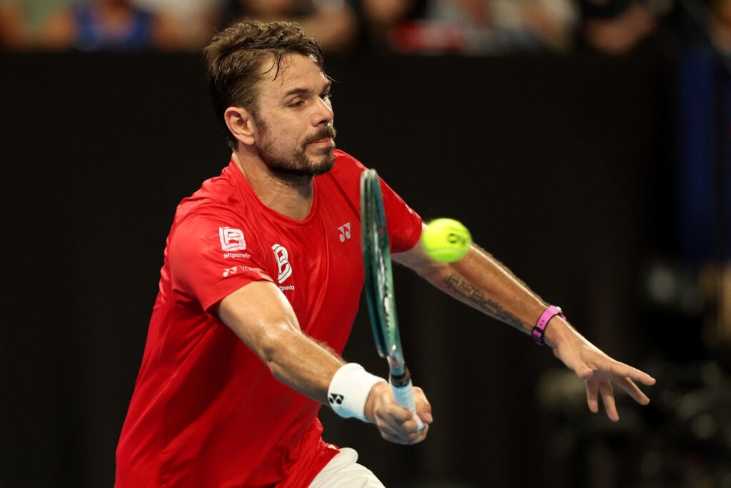 Stan Wawrinka of Team Switzerland plays a forehand in the Men's singles Quarter Final match against Sebastian Baez of Team Argentina during Day 6 of the United Cup at RAC Arena on January 07, 2026 in Perth, Australia.