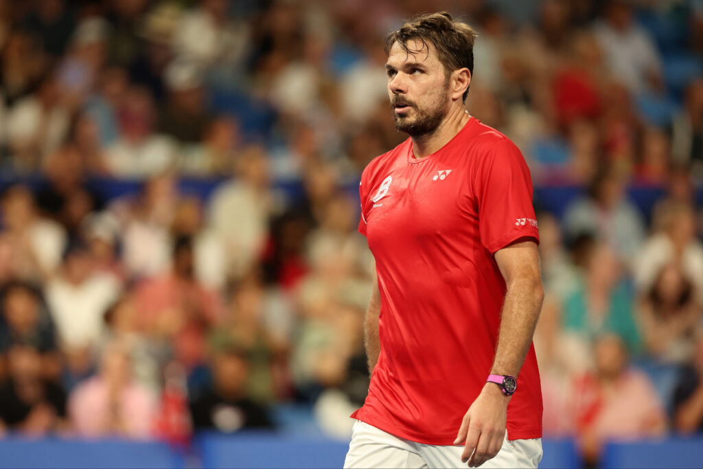 Stan Wawrinka of Team Switzerland looks on in the Men's singles Quarter Final match against Sebastian Baez of Team Argentina during Day 6 of the United Cup at RAC Arena on January 07, 2026 in Perth, Australia.
