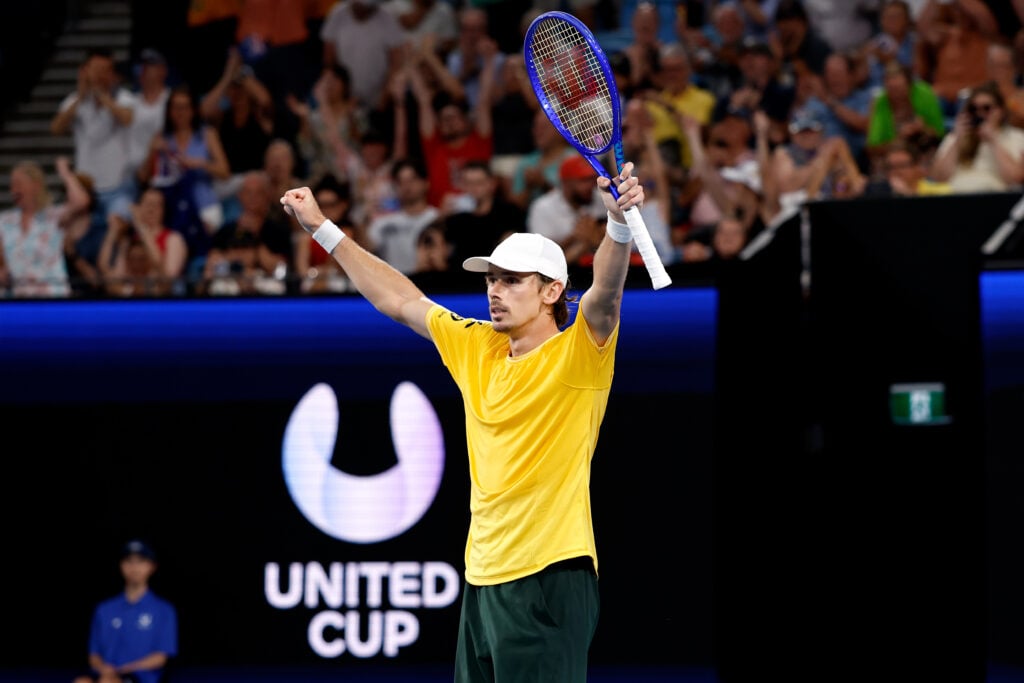 Alex de Minaur of Australia celebrates match point in the Quarter-Final Men's Match against Hubert Hurkacz of Poland during the United Cup at Ken Rosewall Arena on January 09, 2026 in Sydney, Australia.
