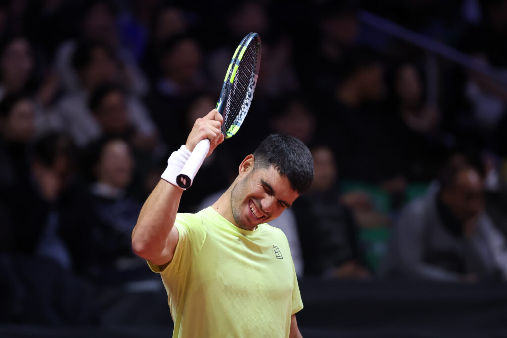 Carlos Alcaraz of Spain reacts during the Hyundai Card Super Match between Jannik Sinner and Carlos Alcaraz at Inspire Arena on January 10, 2026 in Incheon, South Korea.