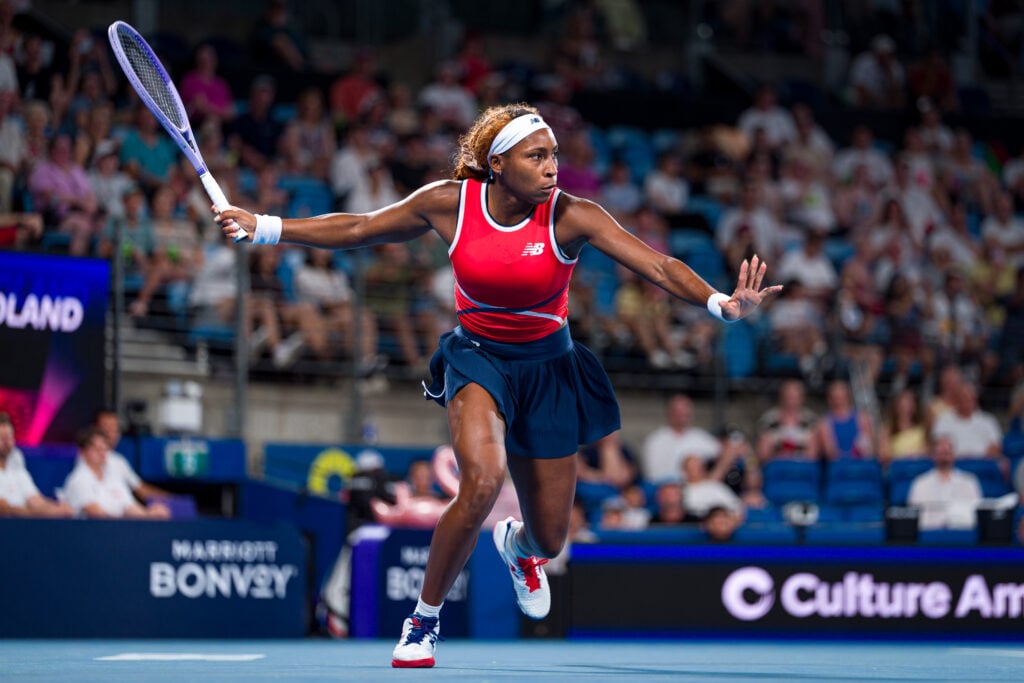 Coco Gauff of Team USA plays a forehand in the Semifinal Women's Singles Match against Iga Swiatek of Team Poland during the United Cup at Ken Rosewall Arena on January 10, 2026 in Sydney, Australia.