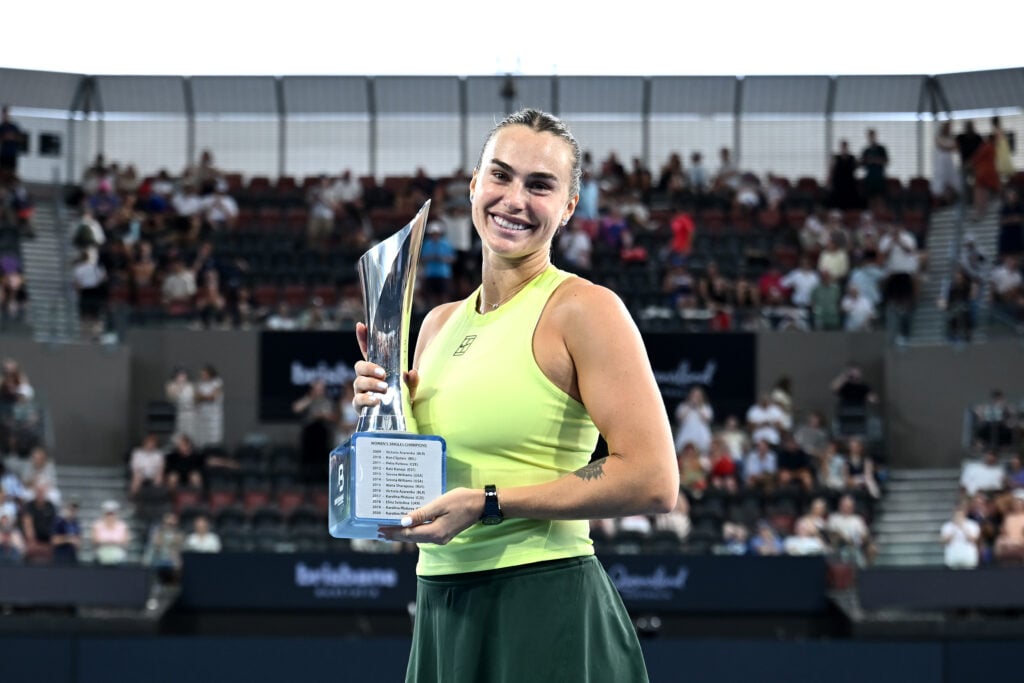 Aryna Sabalenka poses with the Brisbane trophy