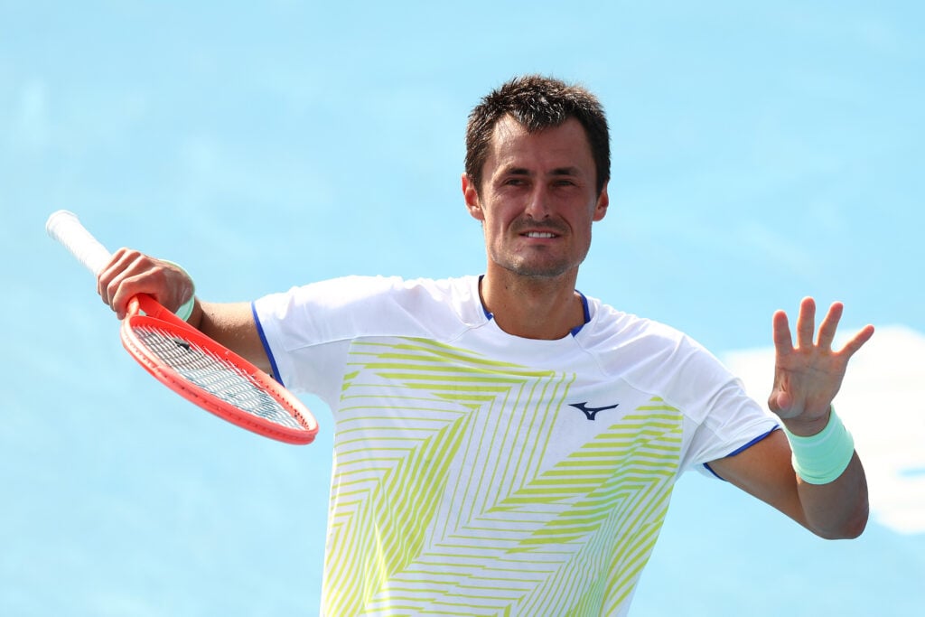 Bernard Tomic of Australia reacts during his Men's Qualifying Singles match against Hugo Dellien of Bolivia during 2026 Australian Open Qualifying at Melbourne Park on January 12, 2026 in Melbourne, Australia.