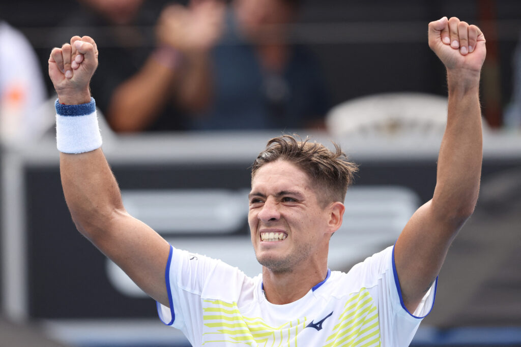 Argentina's Sebastian Baez celebrates his win against USA's Marcos Giron during their men's singles semi-final match at the ATP Auckland Classic tennis tournament in Auckland on January 16, 2026.