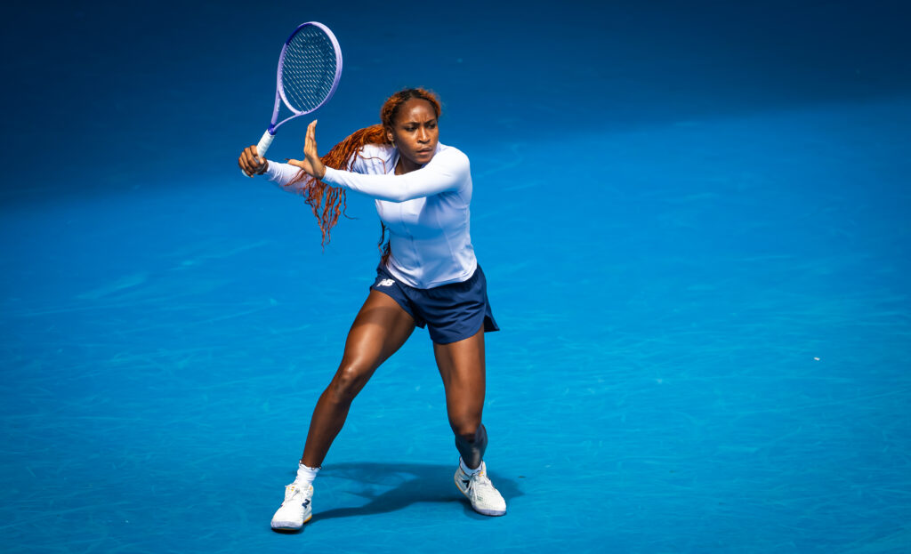 Coco Gauff of the United States during a practice session ahead of the 2026 Australian Open at Melbourne Park on January 16, 2026 in Melbourne, Australia