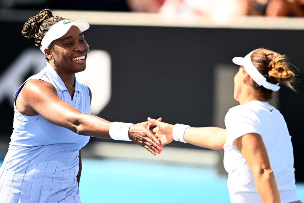 Venus Williams of USA shakes hands after losing the match against Tatjana Maria of Germany during day two of the 2026 Hobart International at Domain Tennis Centre on January 13, 2026 in Hobart, Australia.