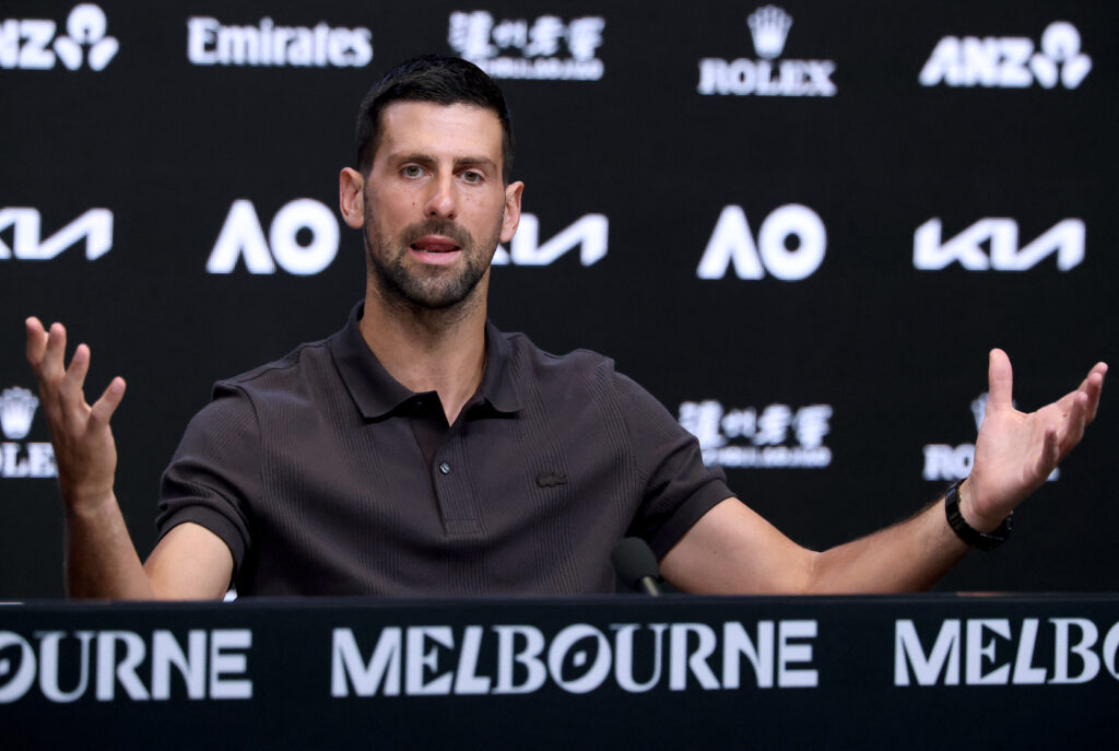 Serbia's Novak Djokovic speaks at a press conference ahead of the 2026 Australian Open tennis tournament in Melbourne on January 17, 2026.