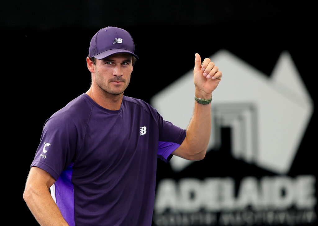 Tommy Paul of the USA gives the thumbs up to the crowd after winning his Round 2 match against Reilly Opelka of the USA during day three of the 2026 Adelaide International at Memorial Drive on January 14, 2026 in Adelaide, Australia.