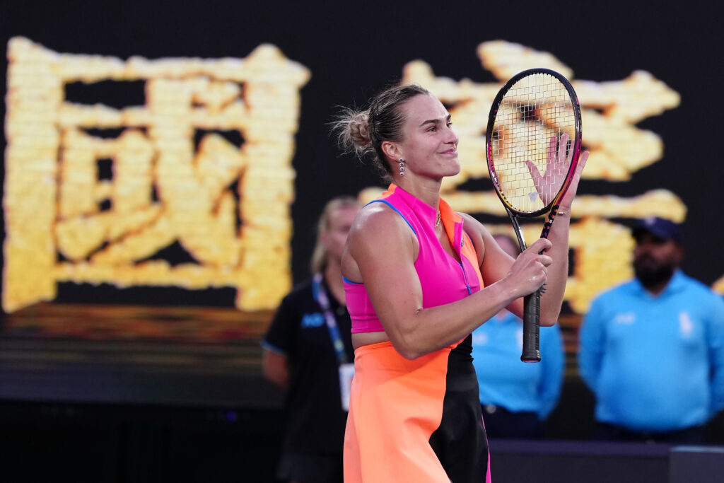 Aryna Sabalenka acknowledges the crowd following victory over Rakotomanga Rajaonah of France during the Women's Singles First Round match on day one of the 2026 Australian Open at Melbourne Park on January 18, 2026 in Melbourne, Australia.