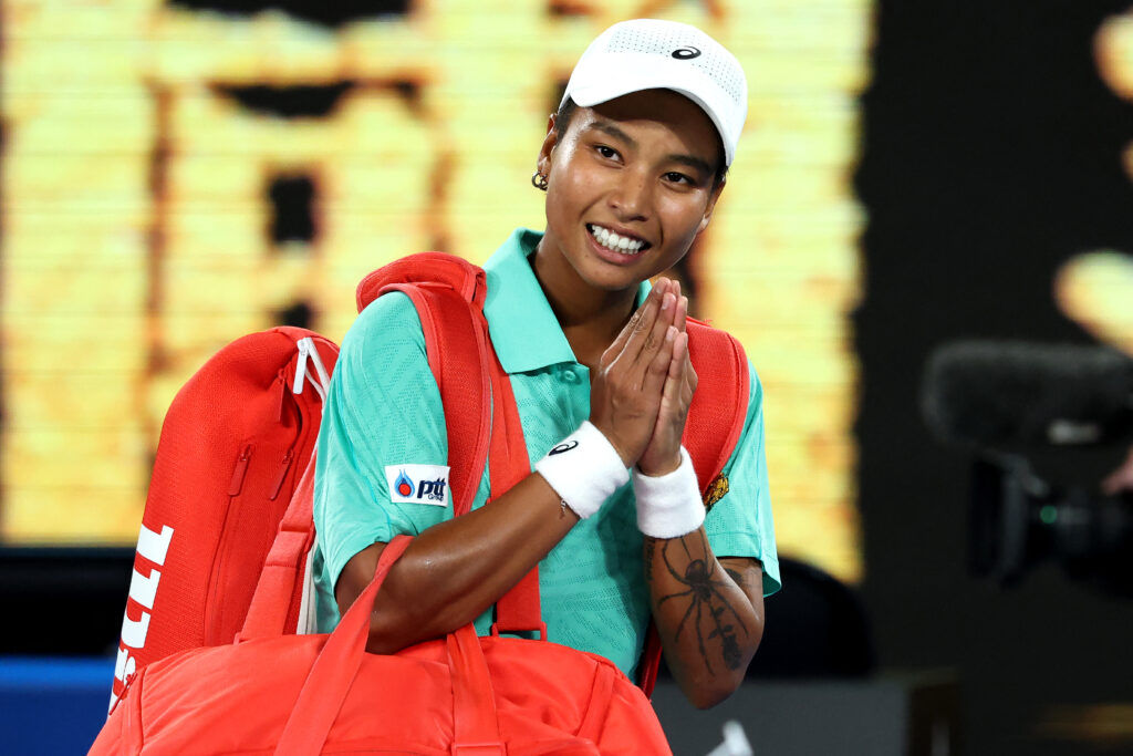Thailand's Mananchaya Sawangkaew walks off the court after her women's singles match against Britain's Emma Raducanu on day one of the Australian Open in Melbourne on January 18, 2026.
