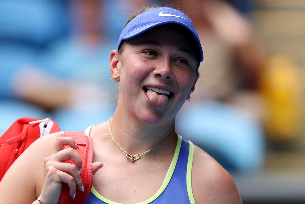 USA's Amanda Anisimova reacts as she walks off the court after defeating Switzerland's Simona Waltert in their women's singles match on day two of the Australian Open tennis tournament in Melbourne on January 19, 2026