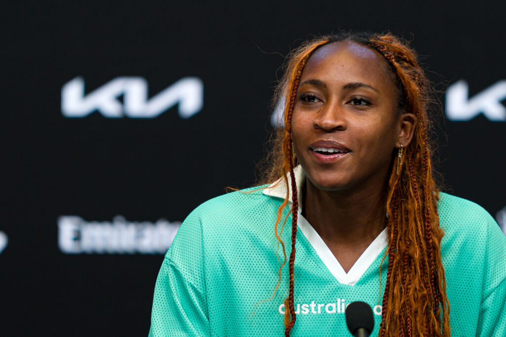 Coco Gauff of the United States talks to the media during a press conference ahead of the 2026 Australian Open at Melbourne Park on January 16, 2026 in Melbourne, Australia.