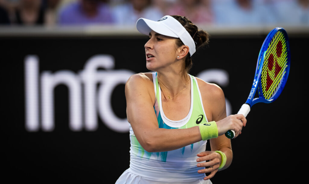Belinda Bencic of Switzerland in action against Katie Boulter of Great Britain in the first round on Day 3 of the 2026 Australian Open at Melbourne Park on January 20, 2026 in Melbourne, Australia