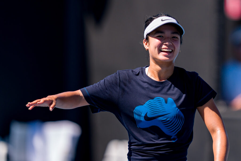 Alexandra Eala of Philippines reacts during a practice session ahead of the 2026 Australian Open at Melbourne Park on January 17, 2026 in Melbourne, Australia.
