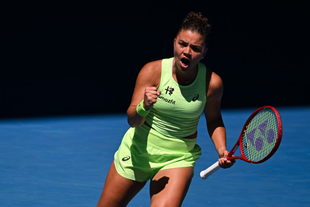 Jasmine Paolini of Italy reacts against Aryna Sabalenka of Belarus during the Women's Singles first round match of the 2026 Australian Open at Melbourne Park on January 18, 2026 in Melbourne, Australia.