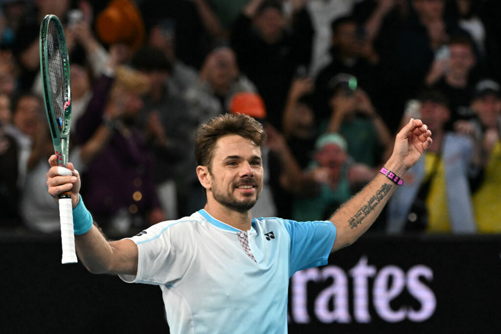 Switzerland's Stan Wawrinka celebrates after winning against France's Arthur Gea during their men's singles match on day five of the Australian Open tennis tournament in Melbourne on January 22, 2026.