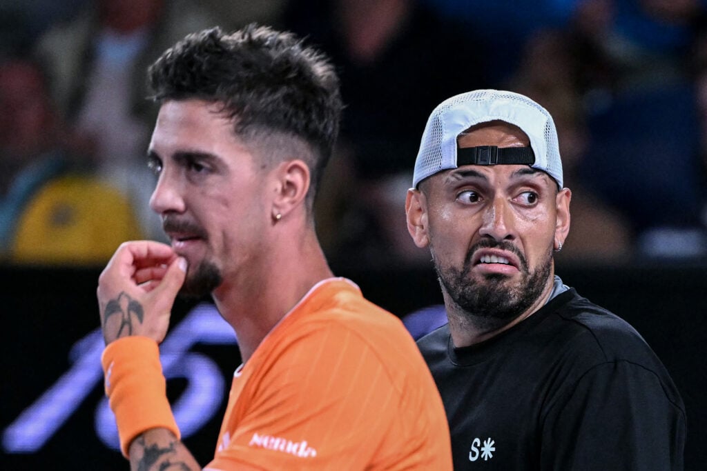 Australia's Nick Kyrgios (R) and Thanasi Kokkinakis react during their men's doubles match against compatriot Jason Kubler and Marc Polmans on day five of the Australian Open tennis tournament in Melbourne on January 22, 2026.