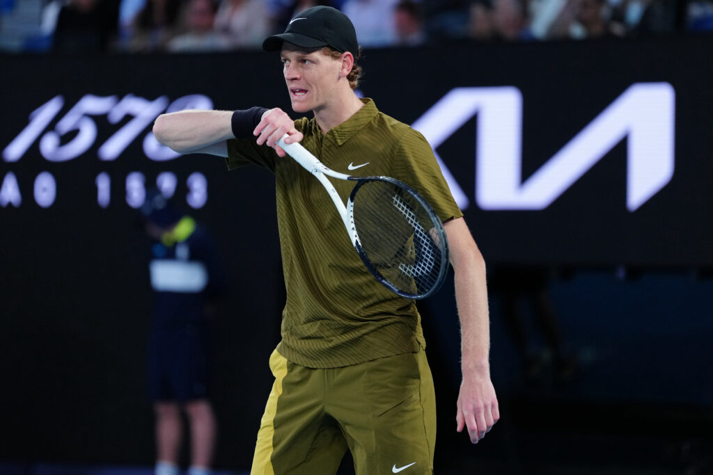 Jannik Sinner of Italy reacts against James Duckworth of Australia in the Men's Singles Second Round during day five of the 2026 Australian Open at Melbourne Park on January 22, 2026 in Melbourne, Australia.