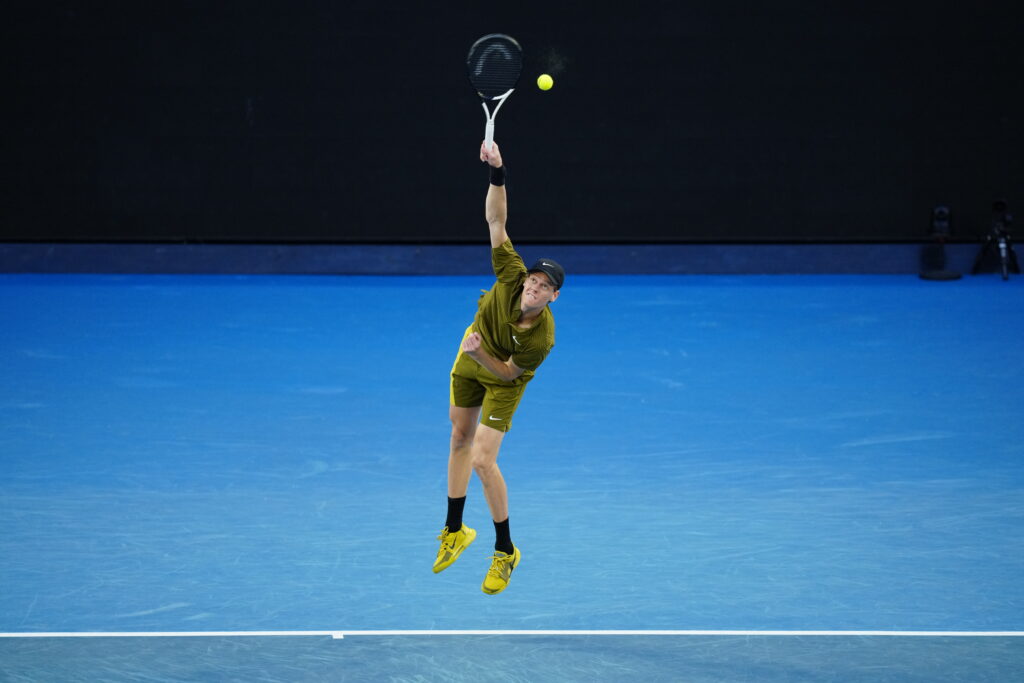 Jannik Sinner of Italy serves against James Duckworth of Australia in the Men's Singles Second Round during day five of the 2026 Australian Open at Melbourne Park on January 22, 2026 in Melbourne, Australia.
