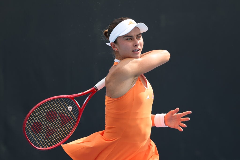 Iva Jovic of the United States plays a forehand against Katie Volynets of the United States in the Women's Singles First Round during day two of the 2026 Australian Open at Melbourne Park on January 19, 2026 in Melbourne, Australia.