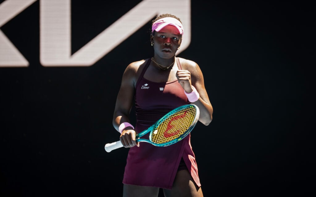 Victoria Mboko of Canada celebrates against Clara Tauson of Denmark during the Women's Singles third round match on Day 6 of the 2026 Australian Open at Melbourne Park on January 23, 2026 in Melbourne, Australia