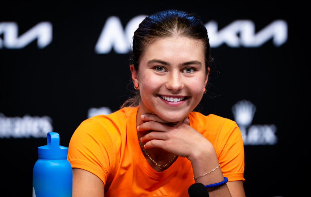 Iva Jovic of the United States talks to the media after defeating Jasmine Paolini of Italy in the third round on Day 6 of the 2026 Australian Open at Melbourne Park on January 23, 2026 in Melbourne, Australia