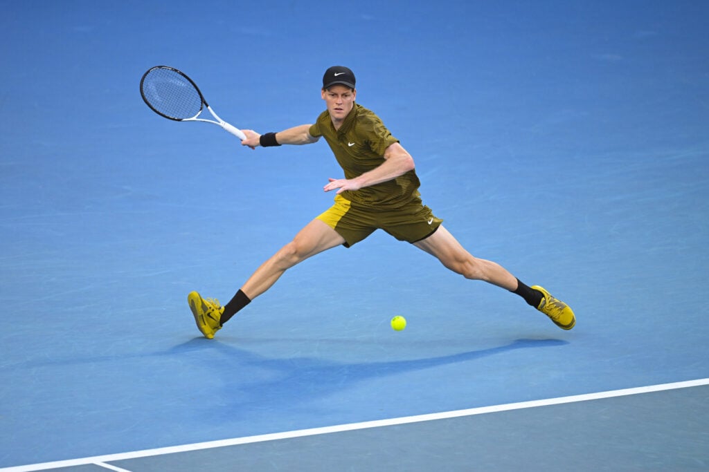 Jannik Sinner of Italy in action against Hugo Gaston of France during the Men's Singles first round match of the 2026 Australian Open at Melbourne Park on January 20, 2026 in Melbourne, Australia.
