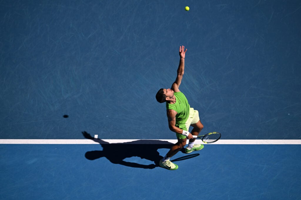 Carlos Alcaraz of Spain in action against Yannick Hanfmann of Germany during the Men's Singles second round match of the 2026 Australian Open at Melbourne Park on January 21, 2026 in Melbourne, Australia.