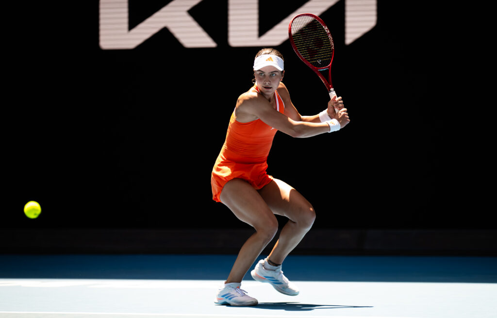 Iva Jovic of the United States in action against Yulia Putintseva of Kazakhstan in the fourth round on Day 8 of the 2026 Australian Open at Melbourne Park on January 25, 2026 in Melbourne, Australia