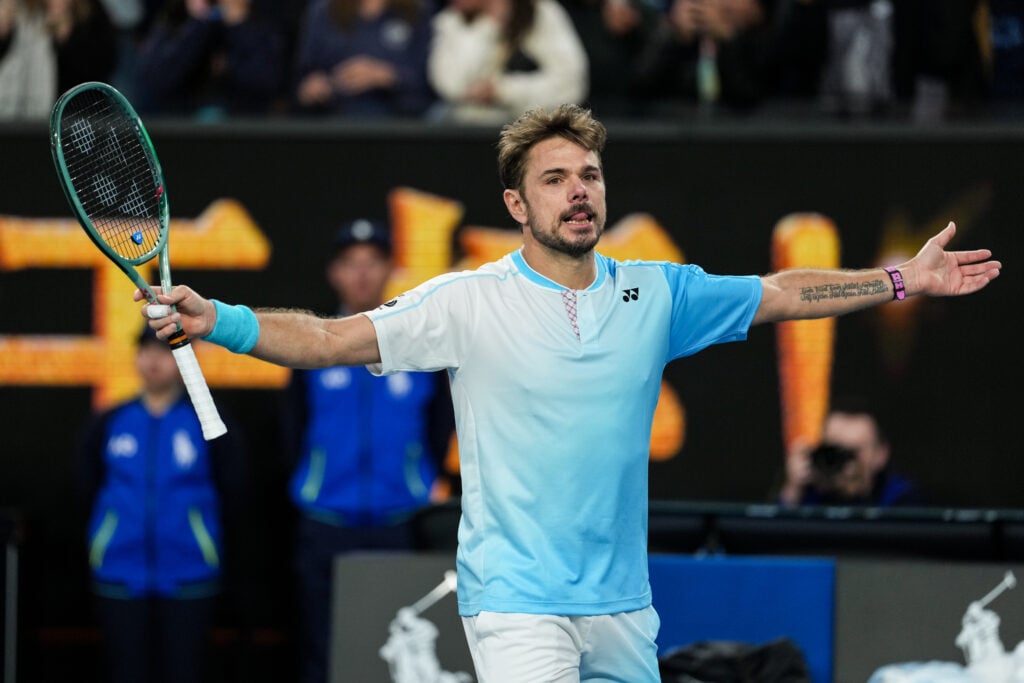 Stan Wawrinka of Switzerland celebrates the victory in the Men's Singles Second Round match against Arthur Gea of France during day five of the 2026 Australian Open at Melbourne Park on January 22, 2026 in Melbourne, Australia.