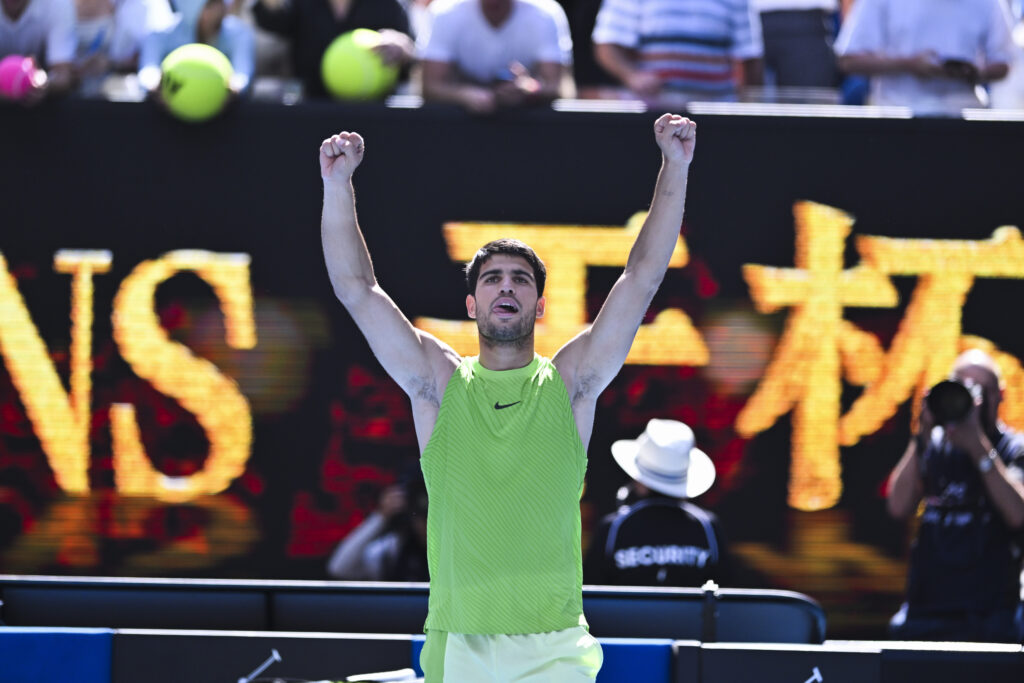 Carlos Alcaraz (ESP) reaction after winning the match against Tommy Paul (USA) (not seen) during round 4 at the Australian Open grand slam tennis tournament at Melbourne Park in Melbourne, Australia on January 25, 2026