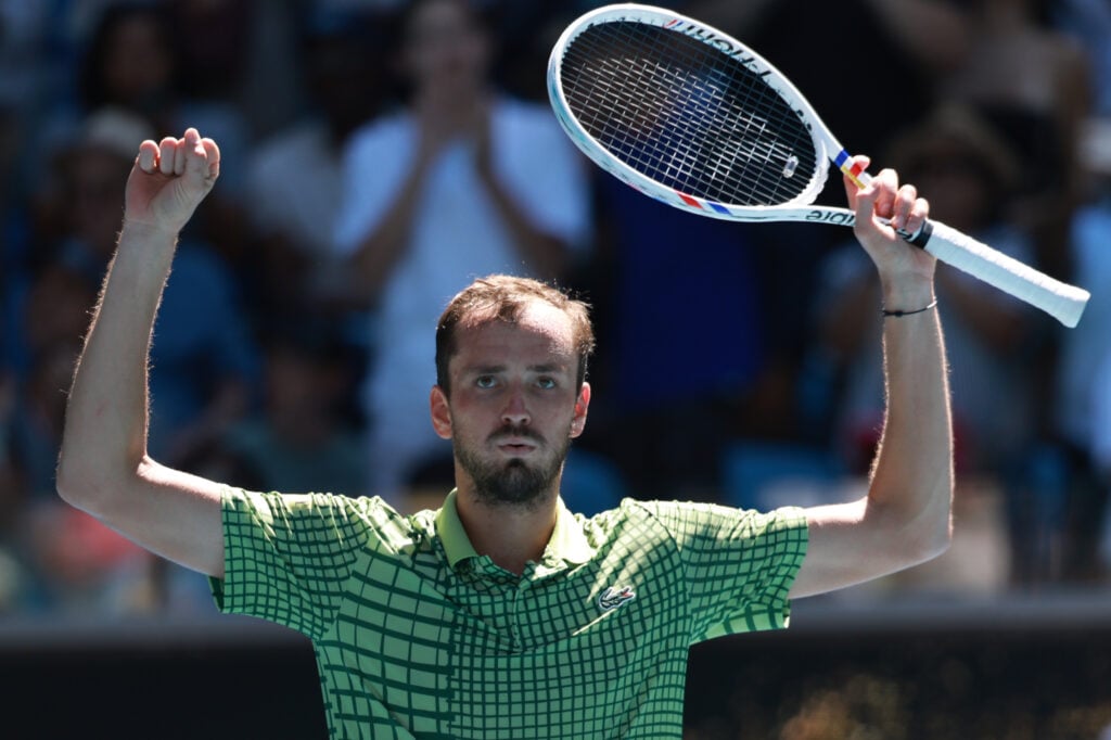 Daniil Medvedev acknowledges fans after his victory against Fabian Marozsan of Hungary in the Men's Singles Third Round during day six of the 2026 Australian Open at Melbourne Park on January 23, 2026 in Melbourne, Australia.