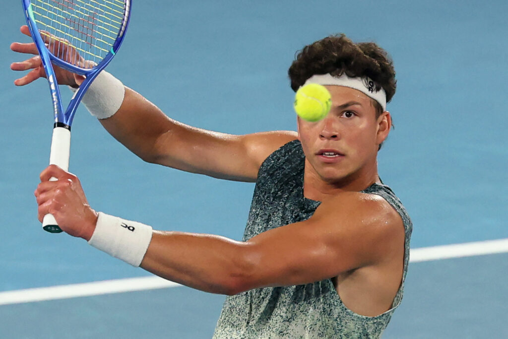 USA's Ben Shelton hits a shot against Norway's Casper Ruud during their men's singles match on day nine of the Australian Open tennis tournament in Melbourne on January 26, 2026.