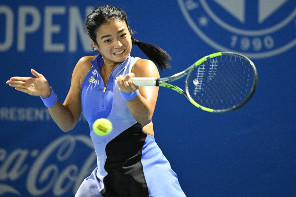 Philippines' Alexandra Eala hits a return to Russia's Alina Charaeva during their women's singles match at the Philippine Women's Open tennis tournament in Manila on January 26, 2026.