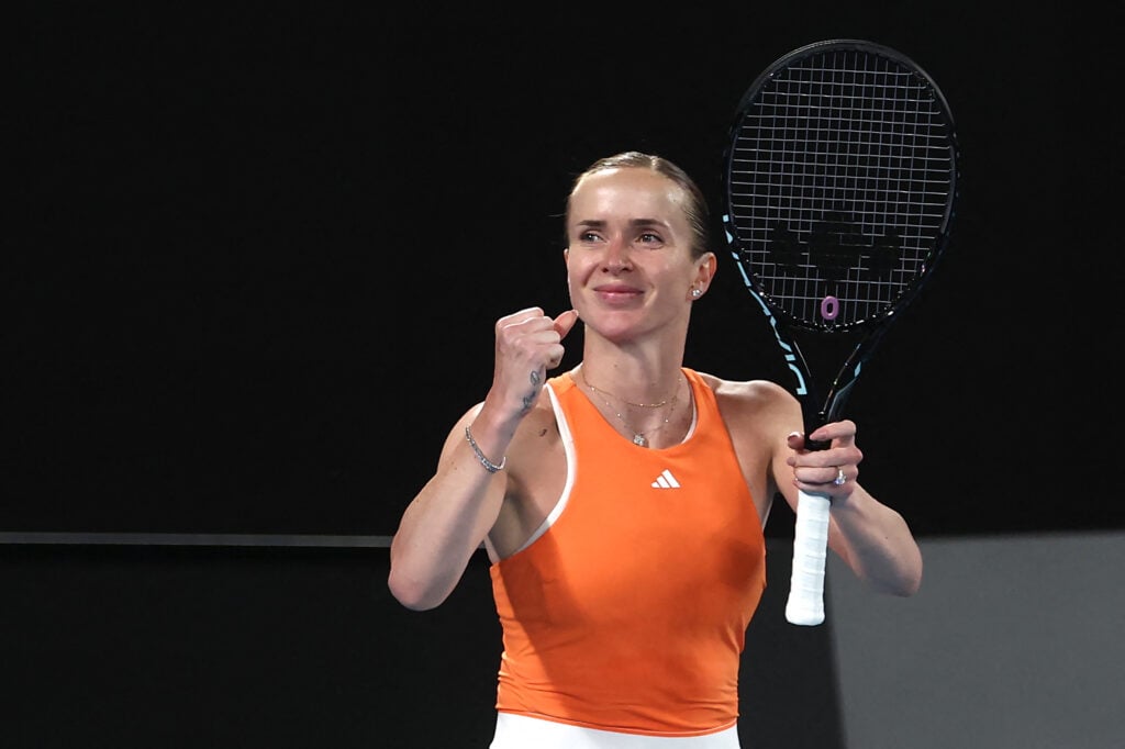 Ukraine's Elina Svitolina celebrates after winning against USA's Coco Gauff during their women's singles quarter-final match on day ten of the Australian Open tennis tournament in Melbourne on January 27, 2026.