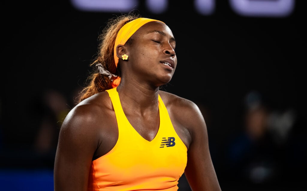 Coco Gauff of the United States in action against Elina Svitolina of Ukraine in the quarter-final on Day 10 of the 2026 Australian Open at Melbourne Park on January 27, 2026 in Melbourne, Australia