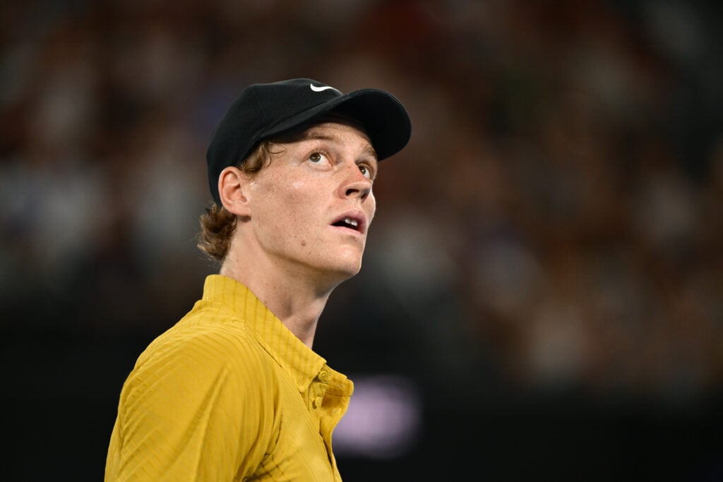 Jannik Sinner of Italy reacts in the Men's Singles Third Round against Eliot Spizzirri of the United States during day seven of the 2026 Australian Open at Melbourne Park on January 24, 2026 in Melbourne, Australia.