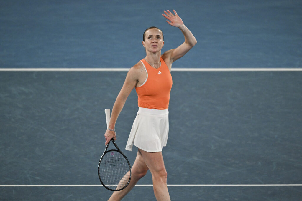 Elina Svitolina (UKR) reacts after winning her match against Coco Gauff (USA) (not seen) during the Quarterfinals at the Australian Open grand slam tennis tournament at Melbourne Park in Melbourne, Australia on January 27, 2026