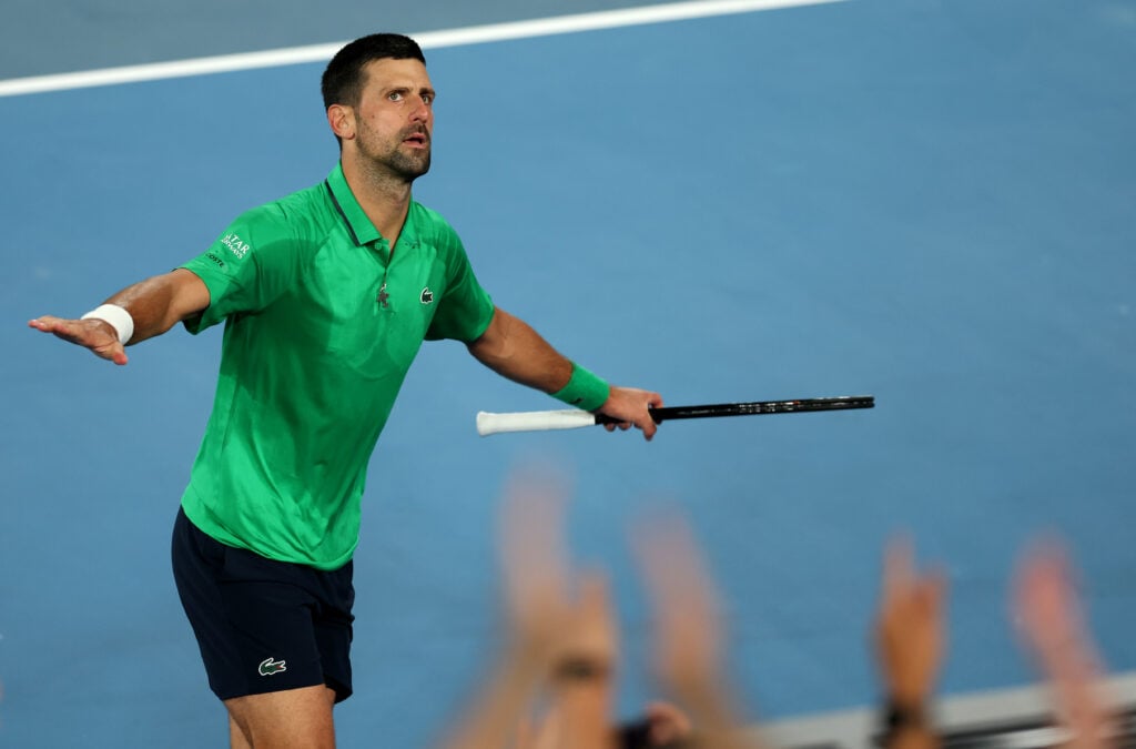 Novak Djokovic of Serbia reacts with the crowd in the Men's Singles Third Round against Botic van de Zandschulp of the Netherlands during day seven of the 2026 Australian Open at Melbourne Park on January 24, 2026 in Melbourne, Australia.
