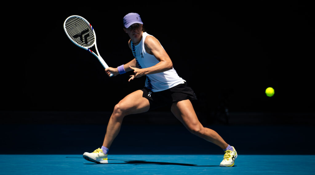 Iga Swiatek of Poland in action against Elena Rybakina of Kazakhstan in the quarter-final on Day 11 of the 2026 Australian Open at Melbourne Park on January 28, 2026 in Melbourne, Australia