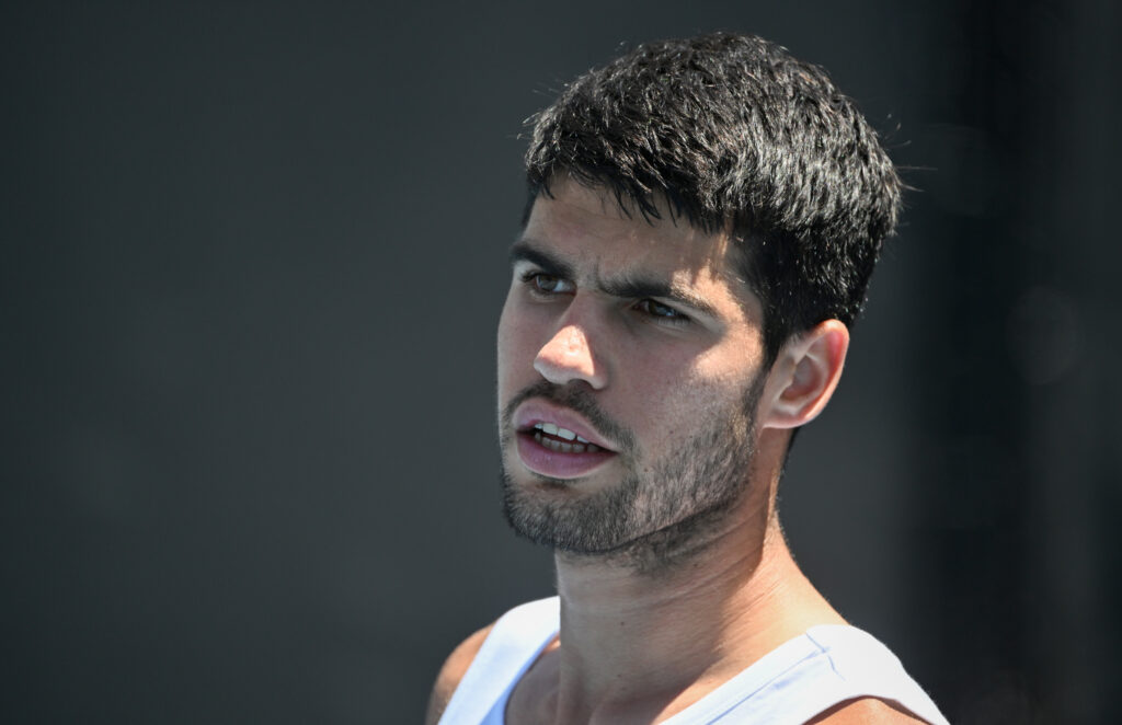 Carlos Alcaraz of Spain whilst on practice court 16 during day nine of the 2026 Australian Open at Melbourne Park on January 26, 2026 in Melbourne, Australia.