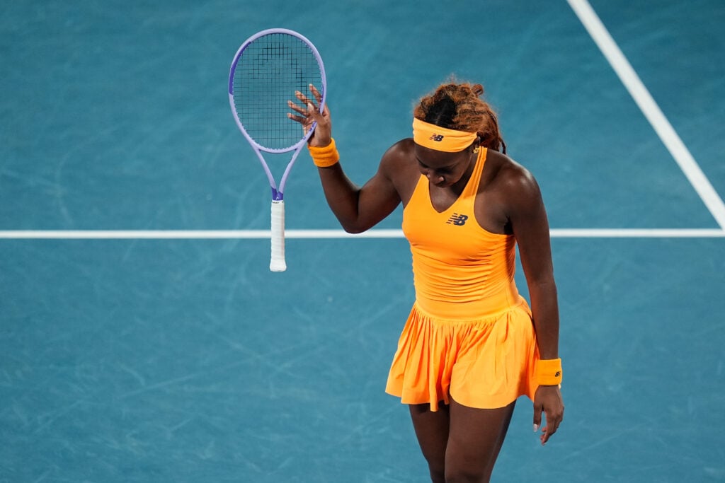 Coco Gauff of the United States reacts in the Women's Singles Quarter Finals match against Elina Svitolina of Ukraine during day ten of the 2026 Australian Open at Melbourne Park on January 27, 2026 in Melbourne, Australia.