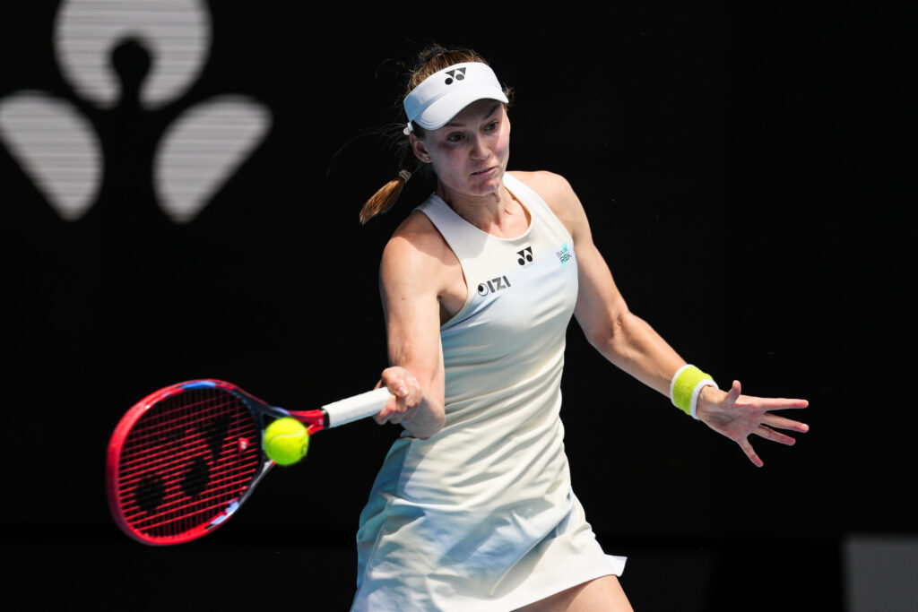 Elena Rybakina of Kazakhstan plays a forehand in the Women's Singles Quarter Finals match against Iga Swiatek of Poland during day eleven of the 2026 Australian Open at Melbourne Park on January 28, 2026 in Melbourne, Australia.