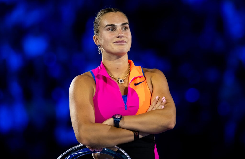 Aryna Sabalenka during the trophy ceremony after losing to Elena Rybakina of Kazakhstan in the Womens Singles final on Day 14 of the 2026 Australian Open at Melbourne Park on January 31, 2026 in Melbourne, Australia