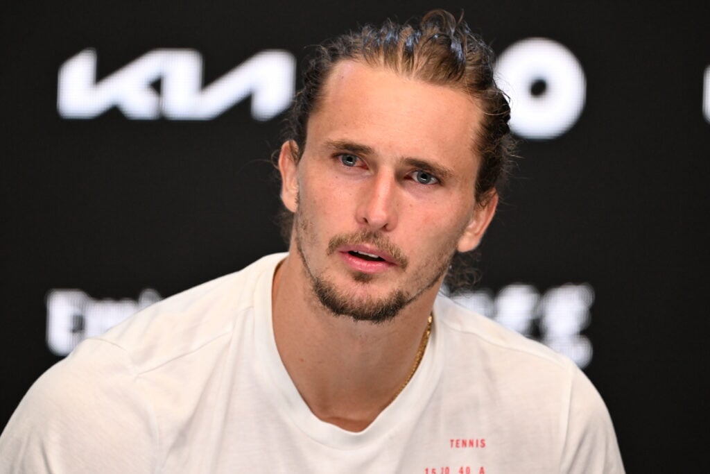 Alexander Zverev of Germany attends a press conference after losing against Carlos Alcaraz of Spain during day 13 of the 2026 Australian Open at Melbourne Park on January 30, 2026 in Melbourne, Australia.