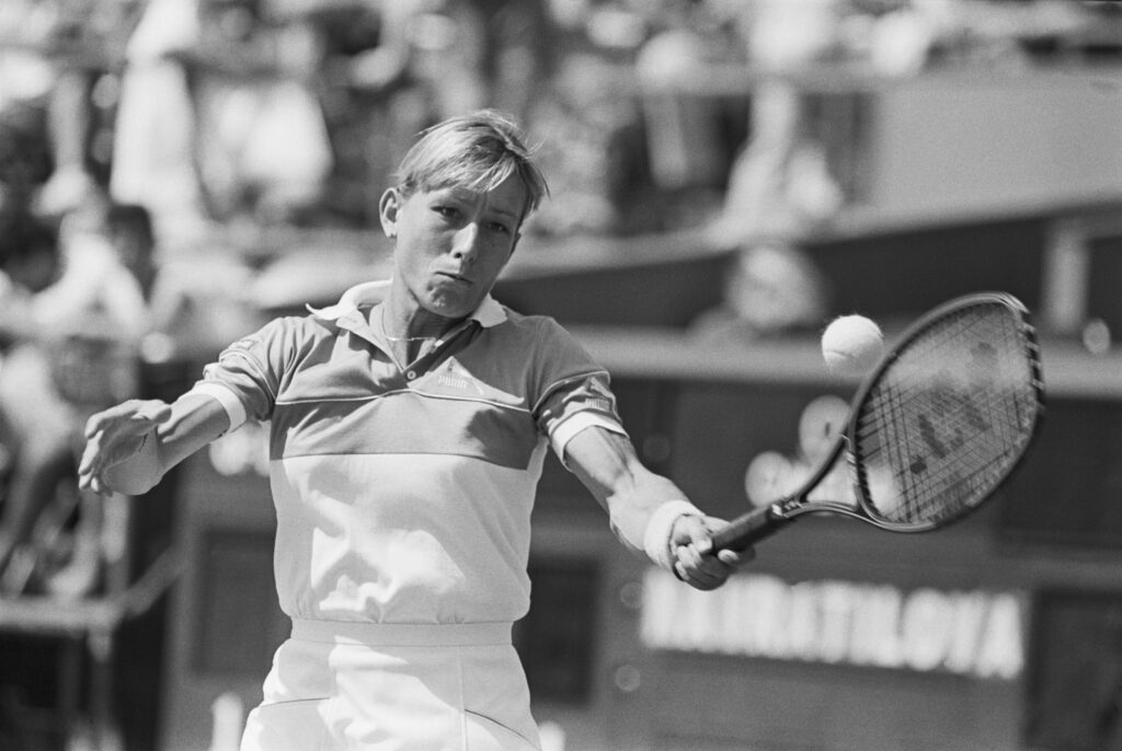 Tennis player Martina Navratilova returns a shot in the US Open at Flushing Meadow in 1983.