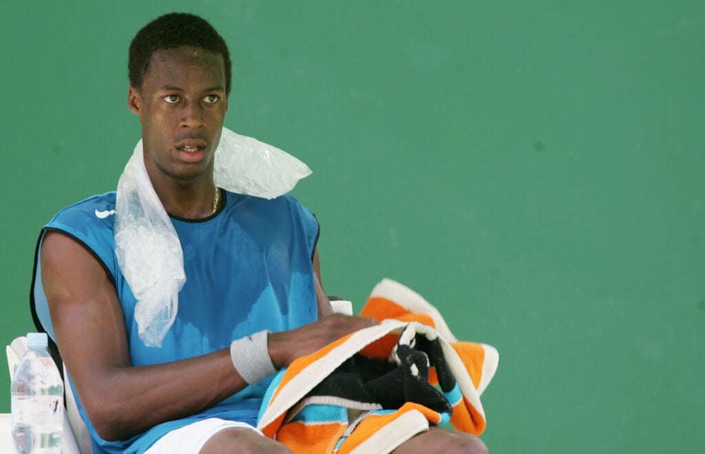 Gael Monfils of France feels the heat during his match against Olivier Rochus of Belgium during day three of the Australian Open Grand Slam at Melbourne Park January 19, 2005 in Melbourne, Australia.